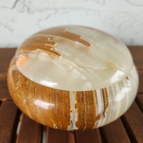 Vintage Polished Onyx Trinket Box with Lid – Brown & Cream Stone Dish 6" x 2.5" - Picture 4 of 9